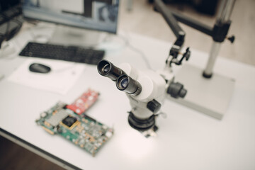 Microscope in Scientific research tech Laboratory on table.