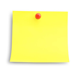 Blank yellow note pinned on white background, top view