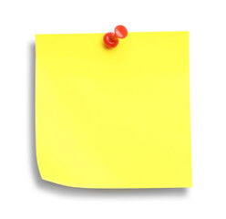 Blank yellow note pinned on white background, top view