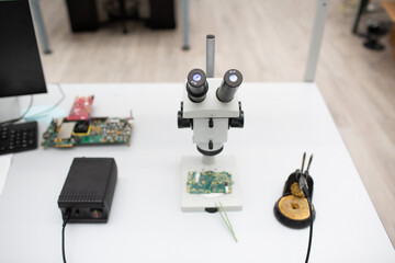 Microscope and soldering iron in Scientific research tech Laboratory