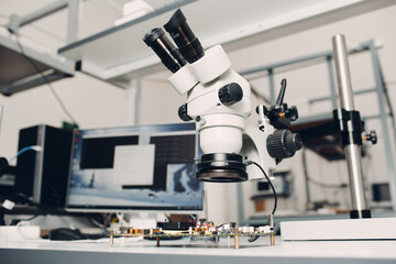 Microscope in Scientific research tech Laboratory on table.