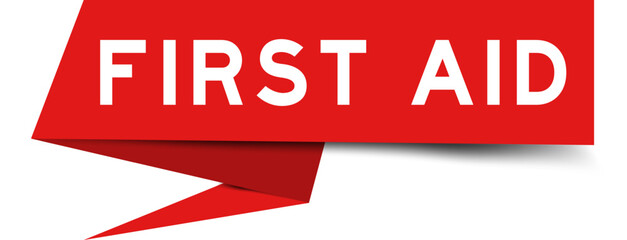 Red color speech banner with word first aid on white background