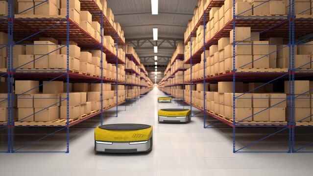 Autonomous robots moving shelves with cardboard boxes in automated warehouse. Seamless looping. Automated warehouse of the future concept. Realistic high quality 3d rendering animation