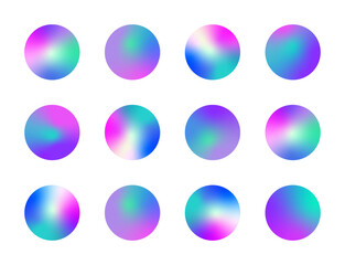 Holographic effect highlight stories, cover templates design set. Blurry abstract backdrops. Y2k retro style round vector illustrations with rainbow gradient for social networks.