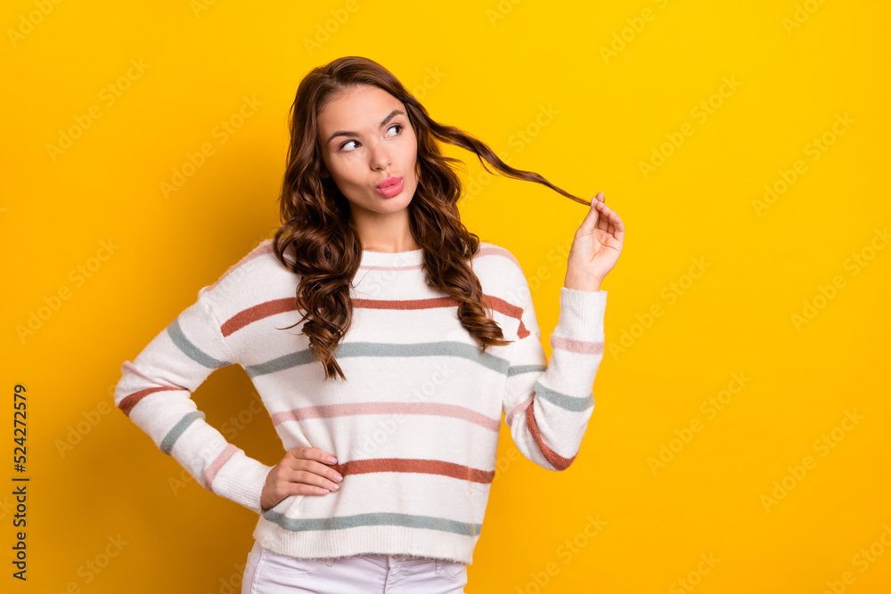 Sticker Portrait of pretty minded person pouted lips hand touch hair curl look empty space isolated on yellow color background