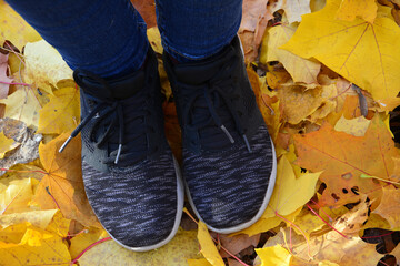 woman's feet in trainers on ground covered with yellow autumn leaves, close-up
