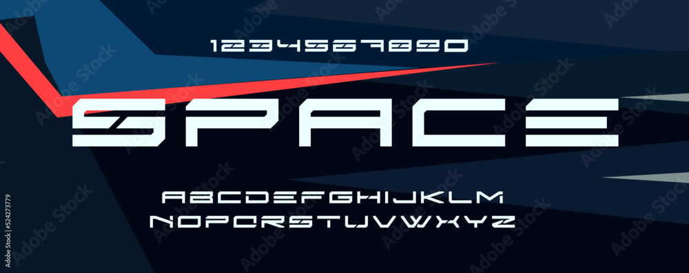 Poster Geometric futuristic font. Wide modular strict letters and numbers for science and innovative technology, science fiction headline, sport monogram and spaceship logo. Minimalist typographic design