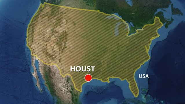 Designation of the borders the United States of America on the map and the mark of the location of the city of Houston
