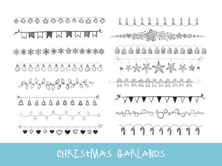 Fototapeta premium Collection of doodle christmas doodles of christmas garlands on vintage background. Hand-drawn vector illustration with holiday decor on white background.