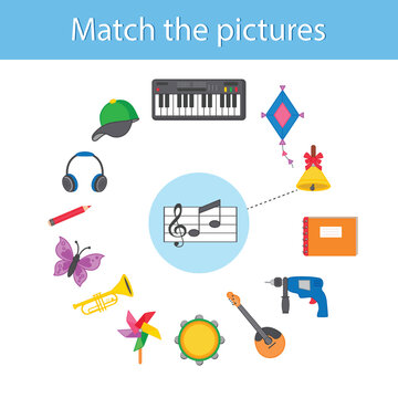 Children's educational game. Find a match with the pictures. Musical instruments. Vector illustration. Sheet for printing. The development of logic in preschool children
