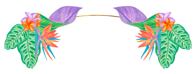 Exotic floral illustration design, tropical frame with leaves and flowers