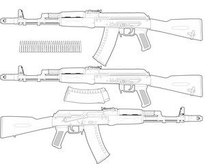 An image of an AK-74 on both sides, an image of cartridges and an unfastened magazine. Side view, color white on black backing