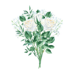White rose watercolor bouquet isolated on white background. Creamy roses buttons, leaves, white gypsophila. Hand drawn botanical illustration. Can be used for wedding, birthday, greeting cards design