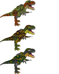 Three cartoon characters - Tyrannosaurus Rex with different weapons © faawray