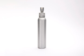 Gray metal bottle on a white background. Shave gel bottle