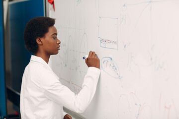 African American woman math student writing on blackboard with marker.