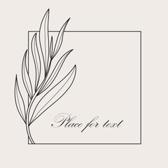 Botanical square frame. Hand drawn round line border, branches with leaves, wedding invitation and cards, logo design and posters template. Elegant minimal style floral, vector isolated illustration