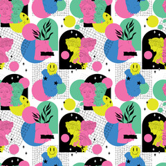 Psychedelic Greek sculptures seamless pattern. Trippy surreal antique background, acid colors, crazy statue, 90s rave prints, abstract trippy textile, wrapping paper, wallpaper. Vector print or fabric