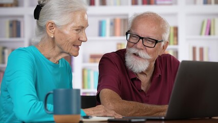 Closeup of happy couple wife and husband in home office use laptop read good news online tax return results, sale discounts, low price excited.