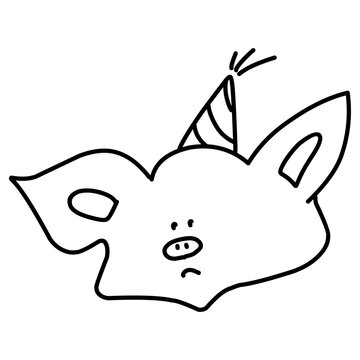 Piglet in a party hat illustration. Hand-drawn doodles illustration.
Line art. Icon