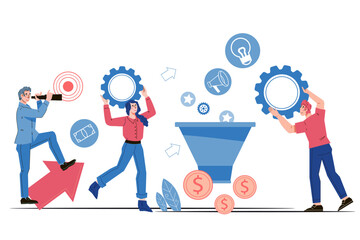 Business people work together, flat cartoon vector illustration isolated on white background. Finance and commerce, business activity. Teamwork and SMM management.