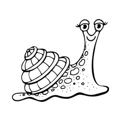 Coloring book cute snail. Gastropod mollusc with a shell. Hand drawn vector line art. Coloring page for children and adults.