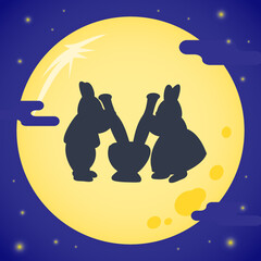 추석 일러스트 _ 보름달과 떡을 만드는 토끼 실루엣 © moore moore