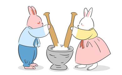 절구를 찧고 있는 한복을 입은 토끼들