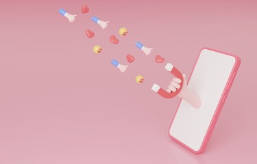 Hand holding magnet coming out of phone screen to attract emoji, heart and like, digital marketing content to attract people concept, 3d render illustration.