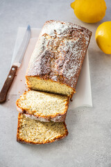 Slices of lemon pound cake with poppy seeds. Top view. - 524276755