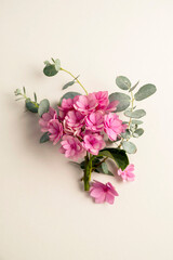 Floral greeting card mockup. Pink hydrangea and eucalyptus leaves, copy space. Floral flatlay template.