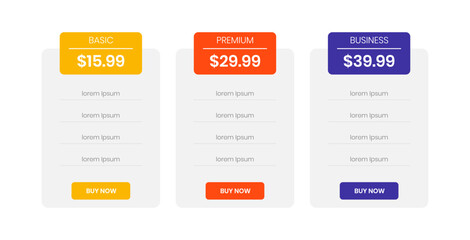 Modern pricing table concept design three service subscription plan table. Infographic project template for presentation and report.	