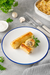 Pancakes or thin crepes stuffed with chicken and mushrooms on a plate on a gray concrete background. Selective focus, copy space.