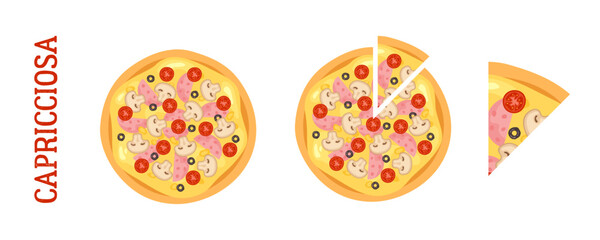 A set of illustrations of pizza caprichosa. A top view of a whole, cut and a slice of pizza