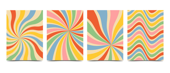 Retro groovy striped background of the 70s style. Abstract colorful rainbow rays vintage backdrop. Twisted and distorted texture vector illustration flat style