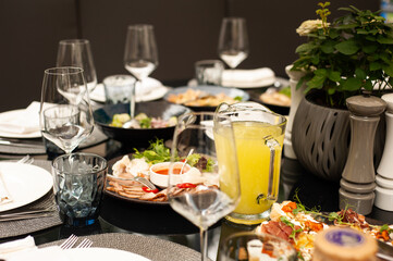 Served table. Restaurant. Outdoor party preparing. Wedding