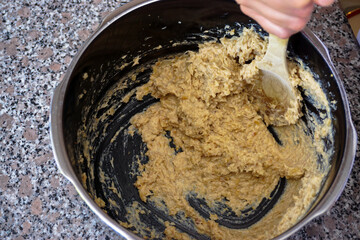 Famous Ottoman meal Keskek made with grain and chicken at home in the kitchen preparation