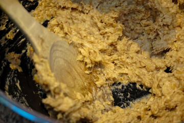 Famous Ottoman meal Keskek made with grain and chicken at home in the kitchen preparation