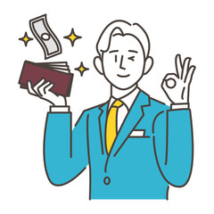 Vector illustration of a young male businessperson happy to have money in his wallet.