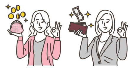 Vector illustration of a woman happy to have money in her purse.