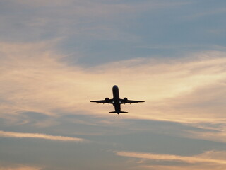 Fototapeta na wymiar Samolot na tle nieba o zachodzie słońca