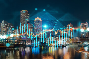 Skyscrapers Cityscape Downtown View, Boston Skyline Buildings. Beautiful Real Estate. Night time. Forex Financial graph and chart hologram. Business education concept.