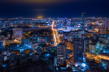Top view of a historic building with night illumination in the center of Yekaterinburg. Russia
