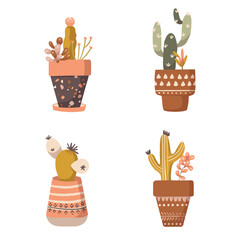 Boho Terra Cotta Pots with Plants Vector Isolated Elements Set