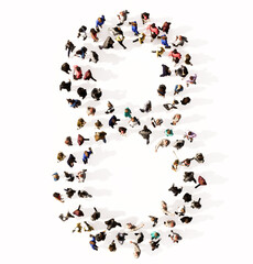 Concept or conceptual large community of people forming the font 8.  3d illustration metaphor for unity and diversity, humanitarian, teamwork, cooperation, education, friendship and community