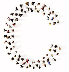 Concept or conceptual large community of people forming the font C. 3d illustration metaphor for unity and diversity, humanitarian, teamwork, cooperation, education, friendship and community