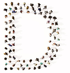 Concept or conceptual large community of people forming the font D. 3d illustration metaphor for unity and diversity, humanitarian, teamwork, cooperation, education, friendship and community