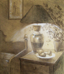  Illuminated lamp in the room, charcoal, pastel 