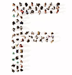 Concept or conceptual large community of people forming the font F. 3d illustration metaphor for unity and diversity, humanitarian, teamwork, cooperation, education, friendship and community
