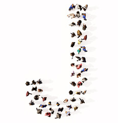 Concept or conceptual large community of people forming the font J. 3d illustration metaphor for unity and diversity, humanitarian, teamwork, cooperation, education, friendship and community
